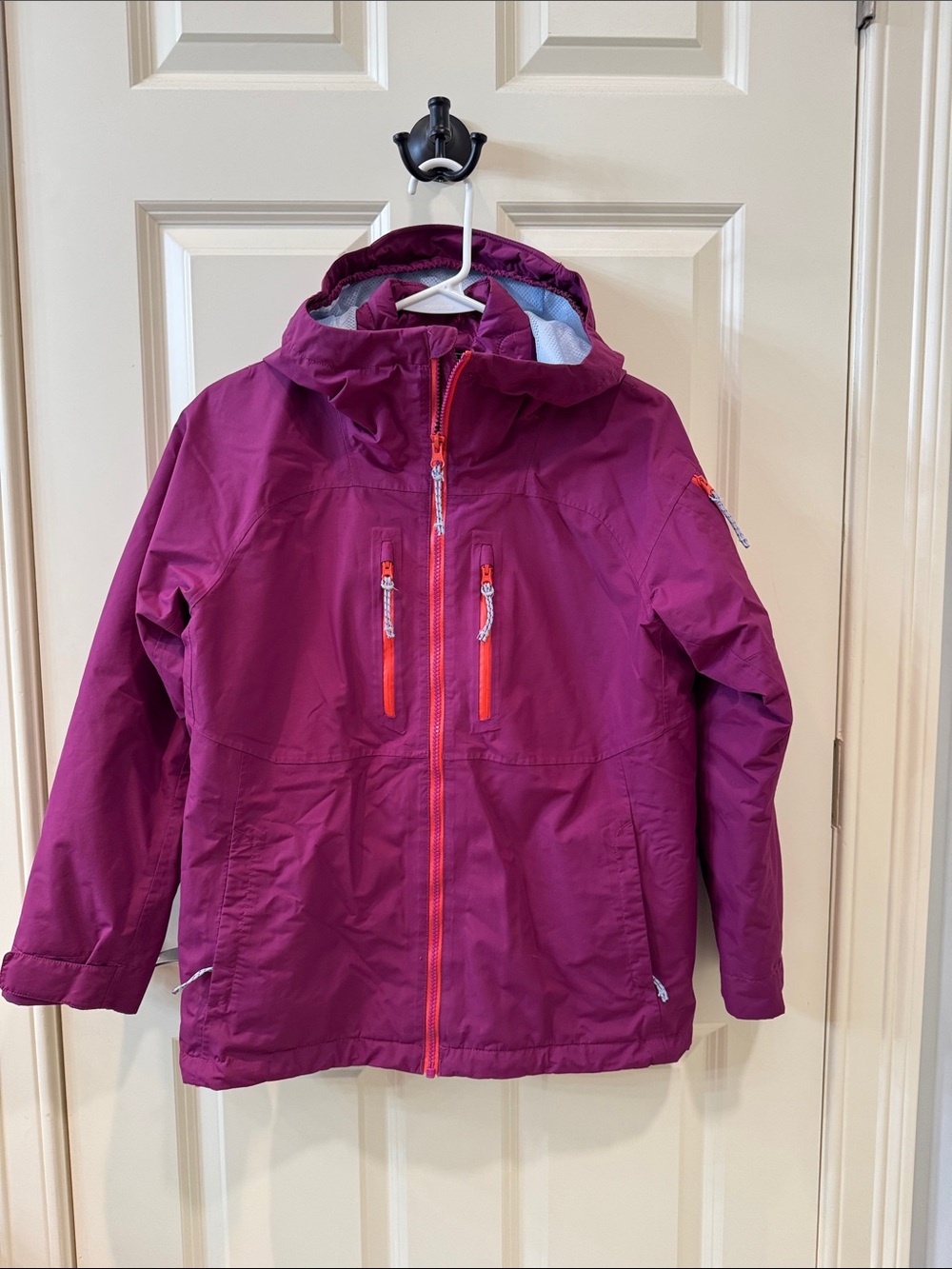 L.L. Bean Kids Hooded Raincoat in Bright Magenta with Orange Accents